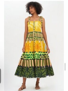 Oliphant Yellow & Green Printed Tie-Shoulder Midi Dress